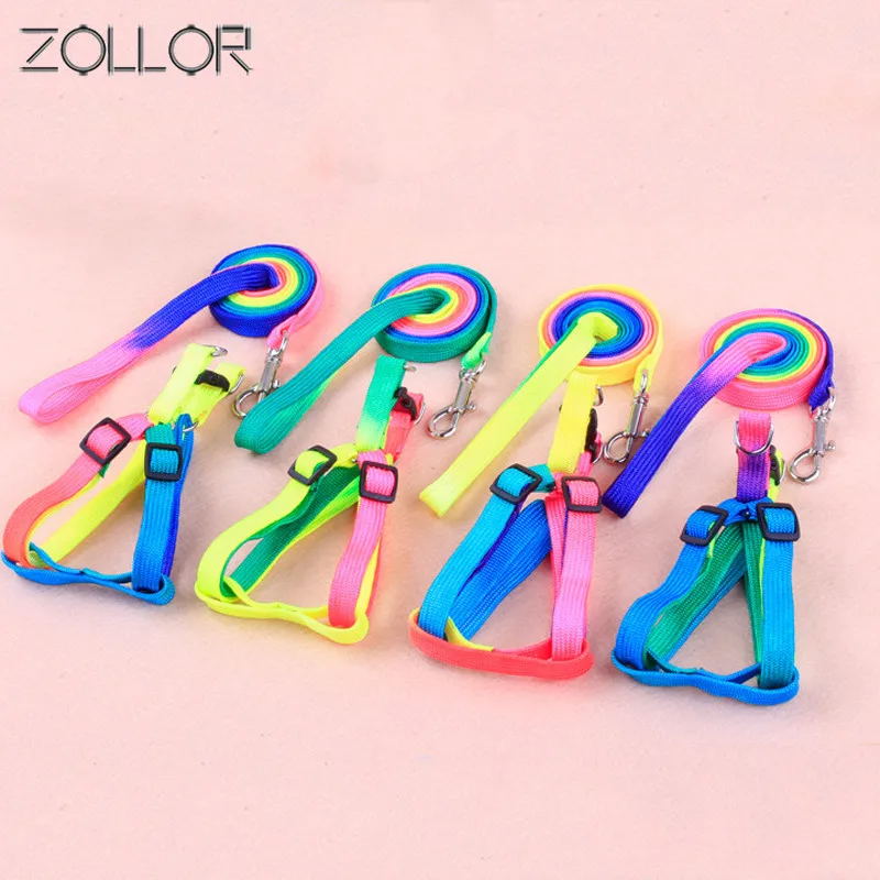 

ZOLLOR Colorful Rainbow Pet Dog Collar Harness Leash Soft Walking Harness Lead Colorful and Durable Traction Rope Nylon 120cm