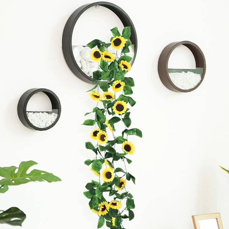 2 Pack Artificial Sunflower Garland Silk Sunflower Vine Artificial Flowers With Green Leaves Wedding Table Decor