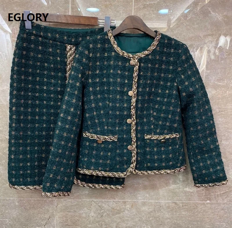 

High Quality Women's Set 2020 Winter Wool Suit Set Female Golden Striped Patchwork Wool Jacket Coat+Knee Length Wool Skirt Set