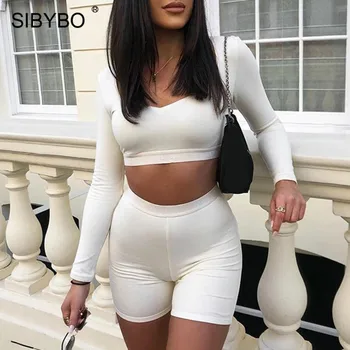 

SIBYBO High Waist Sport Wear Summer Two Piece Set Women Long Sleeve V-Neck Sexy Crop Top and Shorts Set Black Casual Women Set