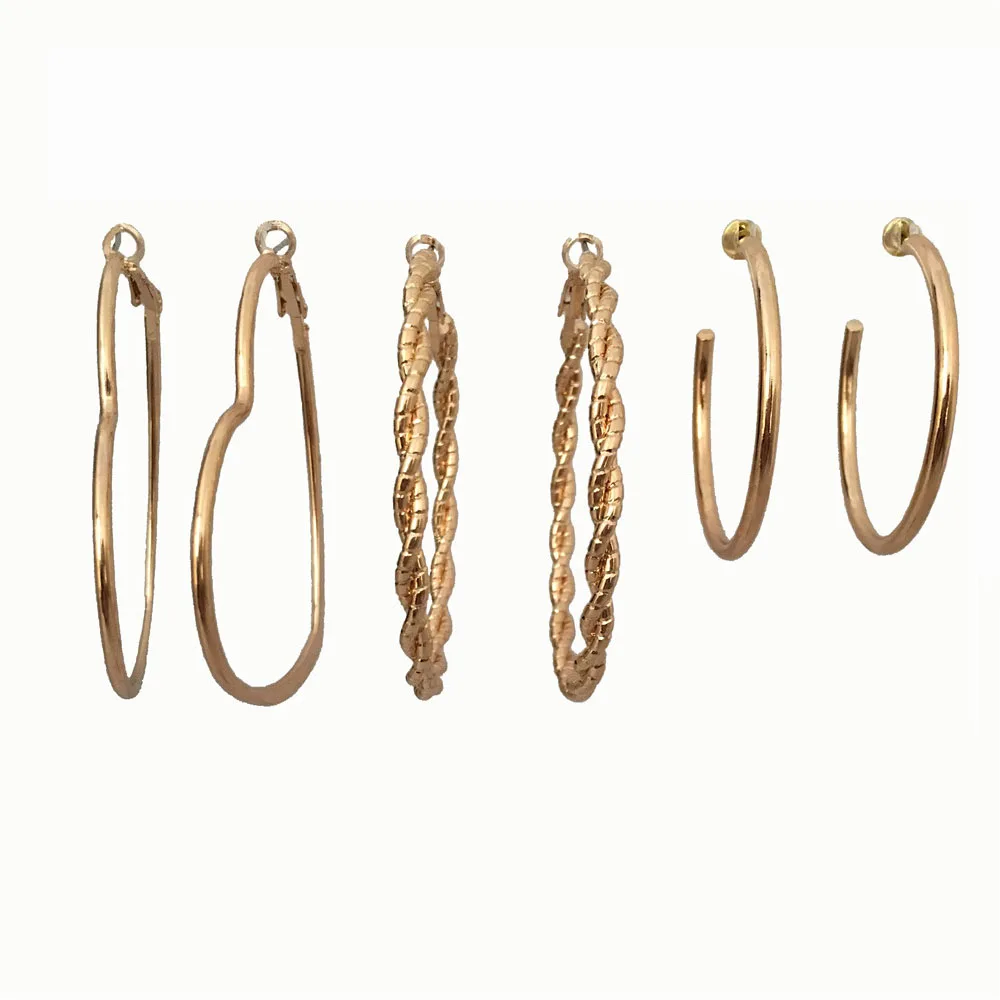 

Classic Gold Color Plating Round Heart Shape Hoop Thread Wrapping Triple Earrings Set For Women Girl Party School Decoration