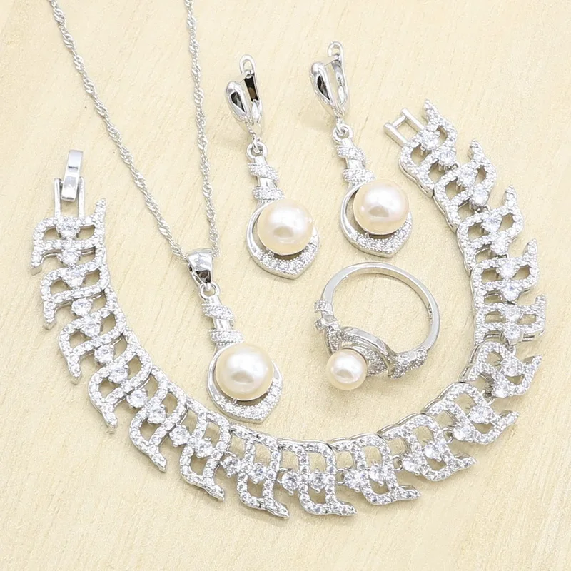 Exquisite Pink Pearl Silver Color Jewelry Sets for Women Party Bracelet Necklace Pendant Earrings Ring Wedding Birthday Gift | Украшения и