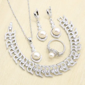 

Exquisite Pink Pearl Silver Color Jewelry Sets for Women Party Bracelet Necklace Pendant Earrings Ring Wedding Birthday Gift