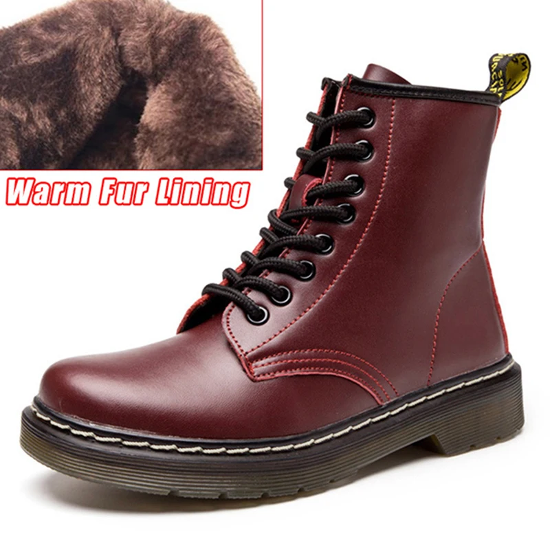 Женские теплые плюшевые белые зимние ботинки; ботильоны из натуральной кожи; зимняя женская обувь; мотоботы; военные ботинки на шнуровке; Размеры 35-42 - Цвет: Wine Red Fur