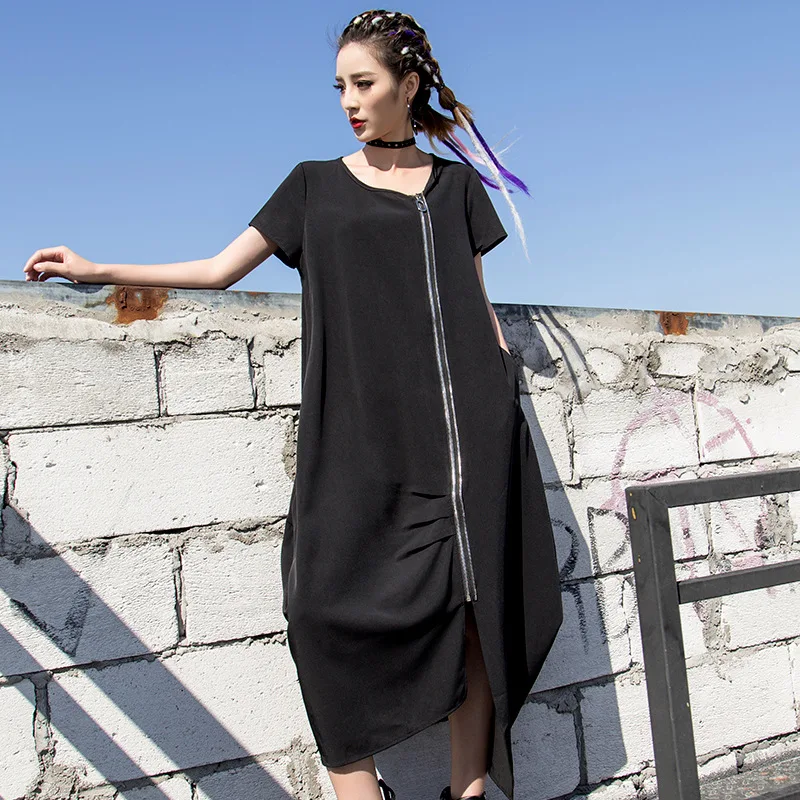 

2019 Summer New Style Zipper Short-sleeve Dress Dark of Cool Large Size Irregular Dress BF Style WOMEN'S Dress Fashion