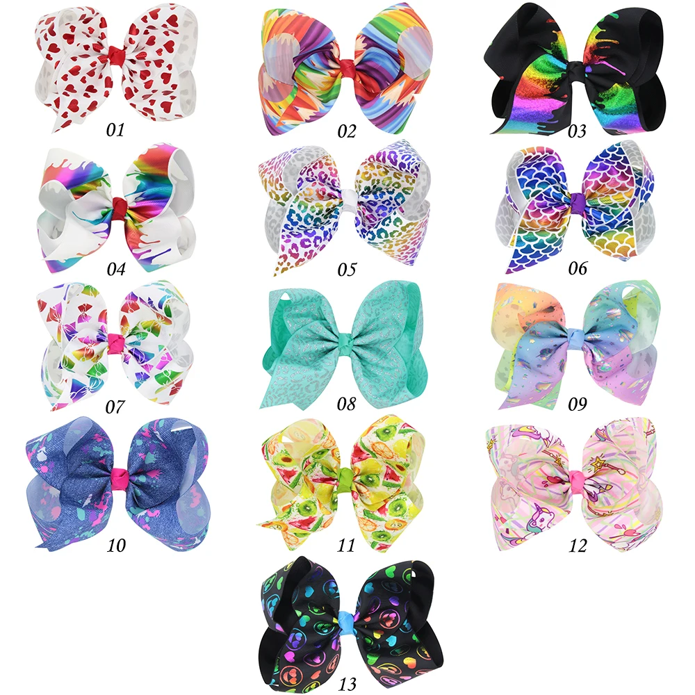 8" Large Colorful Kids Hair Bow Clip Handmade Unicorn Star Heart Print Ribbon Bowknot Hairpins Headwear Accessories For Girls
