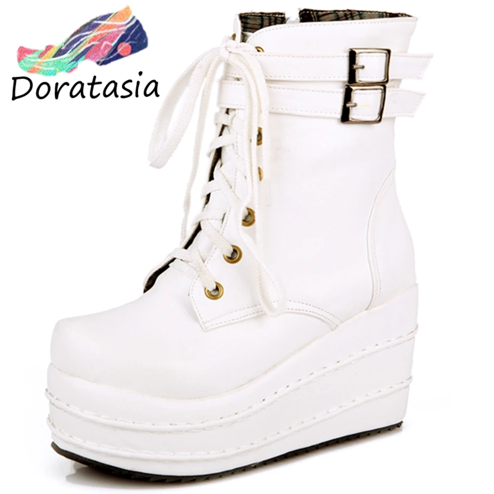 

DORATASIA New 31-43 Fashion High Platform Ankle Boots Women 2020 Cool lace-up Wedges Boots Ladies High Heel Shoes Woman