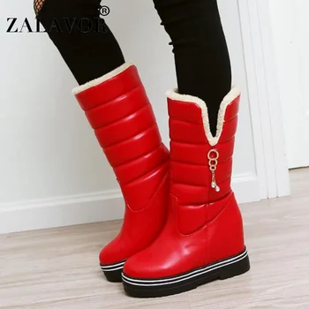 

ZALAVOR Women Winter Mid Calf Boots Fashion Crystal Plush Fur Shoes Women Round Toe Inside Heels Warm Snow Boots Size 34-43