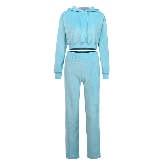 Light Blue Velvet Tracksuits Women Cropped Hoodie And Pants Matching