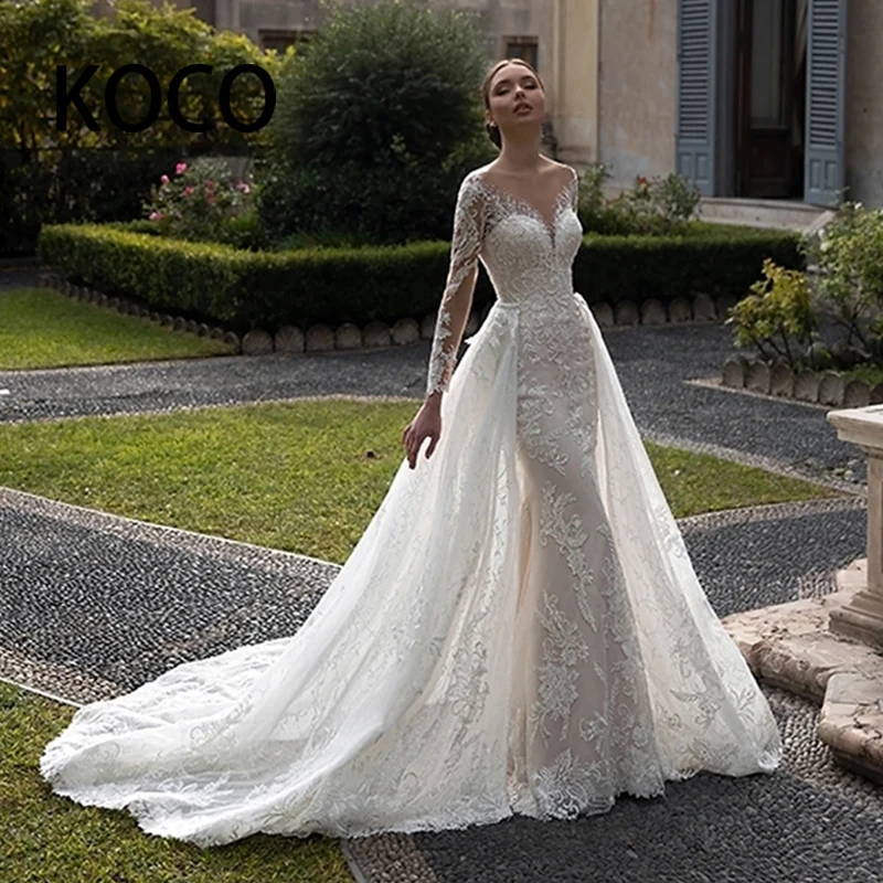 『Cheap!!!』- MACDUGALL Detachable A-line Wedding Dresses Elegant Ivory
Neckline And Lace Mermaid Backless Long sleeves Applique