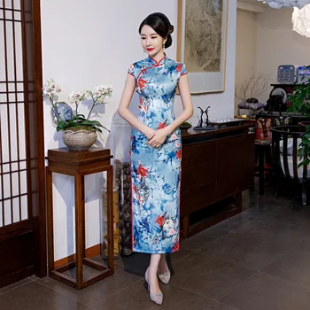

Oversize 4XL Vintage Oriental Style Women Stage Show Long Qipao Summer Print Floral Elegant Evening Dress Rayon Cheongsam