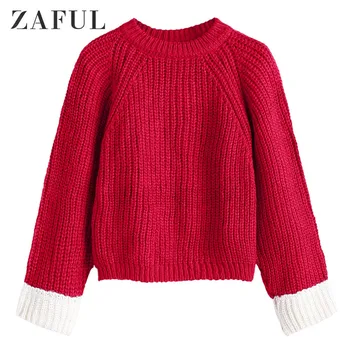 

ZAFUL Raglan Sleeve Back Slit Embellishment Chunky Pullover Sweater Contrast Crew Neck Elastic Patchwork Women Sweater One Size