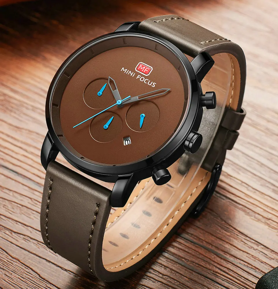 

MINIFOCUS Sports Watch Men Quartz Analog Clock Date Display Genuine Leather Strap Waterproof Creative Watches Top Luxury Brand