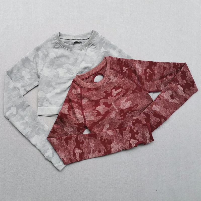New Color Camo Seamless Workout Crop Top Stretchy Yoga Tops Women Long Sleeve Thumb Holes Shirts Gym T Shirt | Спорт и развлечения
