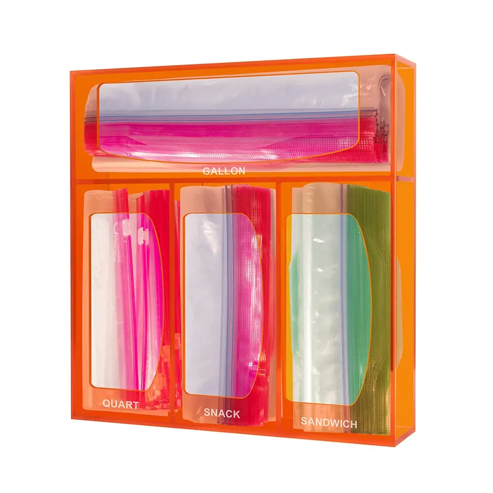 Acrylic Ziplock Bag Storage Organizer And Dispenser for Food Holders Sandwich &amp Snack Variety Size - Orange |