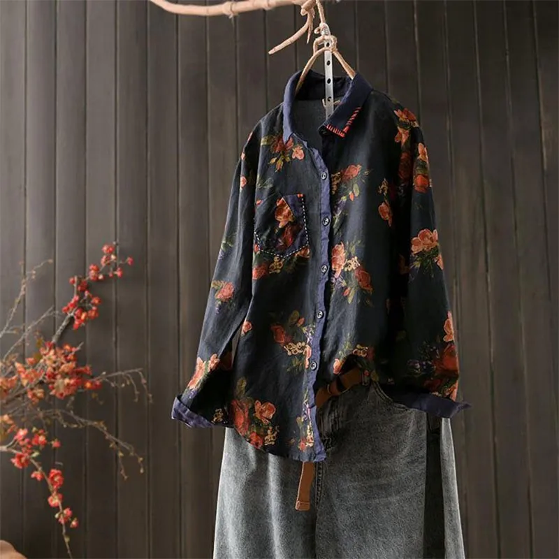 Spring Arts Style Women Long Sleeve Loose Turn