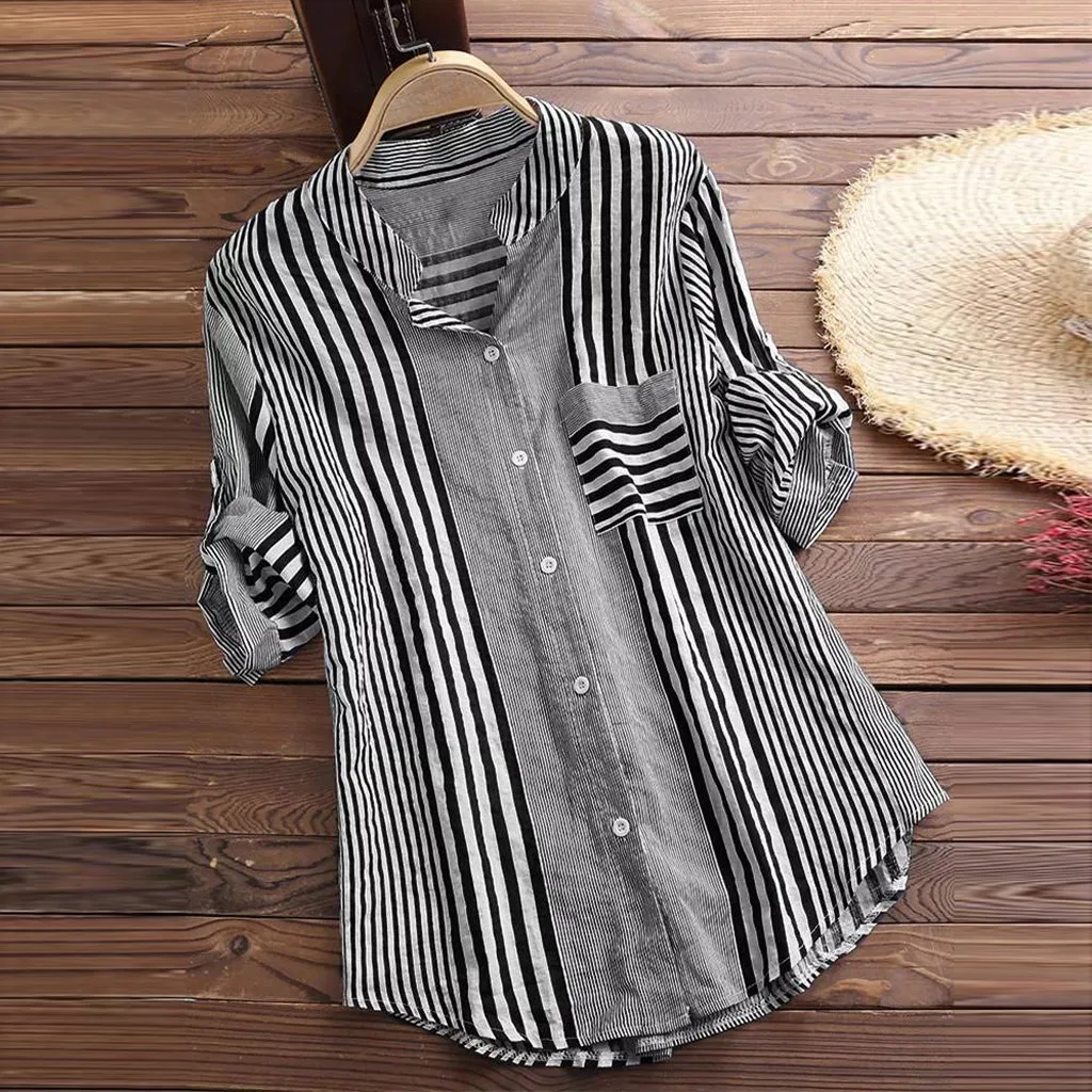 Long Women Plus Size Three Quarter Blouses Women Casual Striped Print V-neck Loose Fit Top Tee lady Blouse Zip-up Soft Shirt long sleeve tops