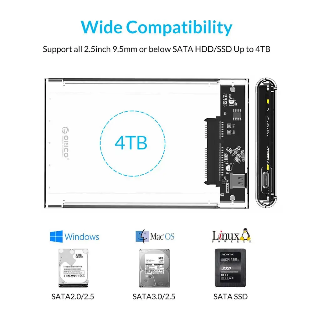 ORICO Type C 2.5'' Transparent HDD Case USB3.1 Gen2 10Gbps Hard Drive Enclosure Support UASP Protocol with Type-C to C Cable