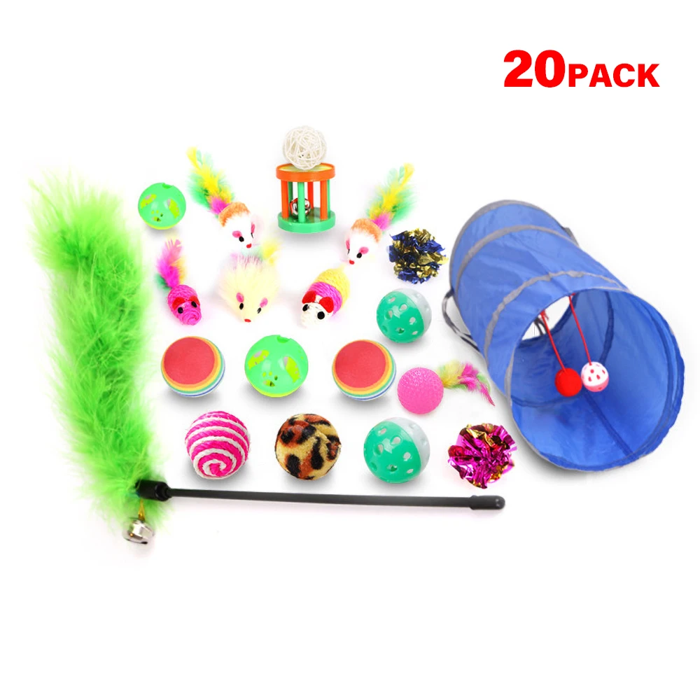 New 20pcs Cat Toy Set Pet Collapsible Tunnel 2 Holes Play Tubes Balls Teaser Wand Stick Feather Interactive | Дом и сад