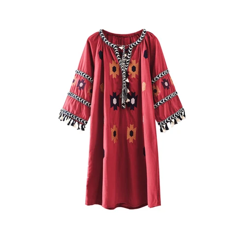 Винтажное шикарное женское Ретро пляжное богемное хлопковое мини-платье с цветочной вышивкой и кисточками, женское летнее богемное платье с круглым вырезом vestidos - Цвет: red