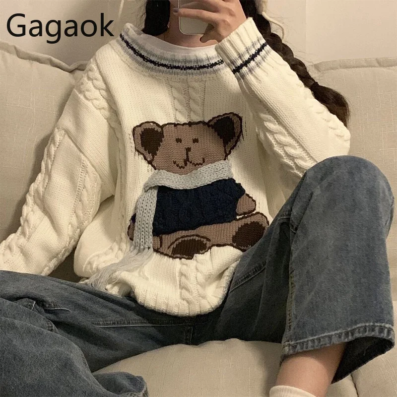 Gagaok женский свитер, новинка, вязаный, круглый вырез, полная кисточка, мультяшный, свободный, Harajuku, милая, зимняя женская верхняя одежда, пуловер, Топ