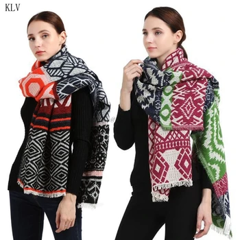 

200x70cm Womens Winter Oversized Thicken Large Scarves Ethnic Style Geometric Rhombus Printed Warm Knitted Blanket Shawl Wraps