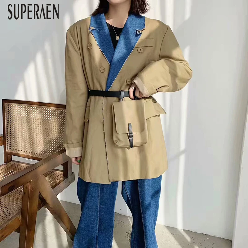 SuperAen, корейский стиль, осень, костюм, куртки для женщин, с отворотом, длинный рукав, хлопок, для девушек, куртки, повседневная, дикая, женская одежда