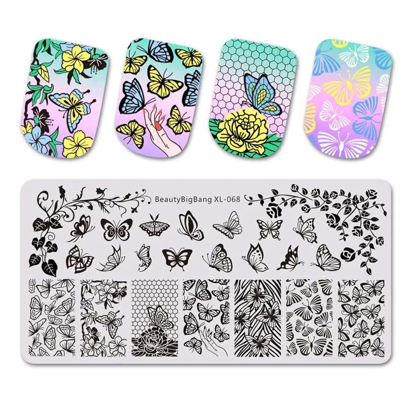 

Stamping Plates BeautyBigBang Nail 6*12CM Stamping For Nail Flower Butterfly Vintage Template Rectangle Nail Art Stencils XL-068