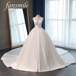 Fansmile 새틴 Vestido de Noiva 빅 트레인 볼 가운, 웨딩 원피스 코르셋, 2023 신부 가운, 플러스 사이즈 맞춤형 FSM-047T