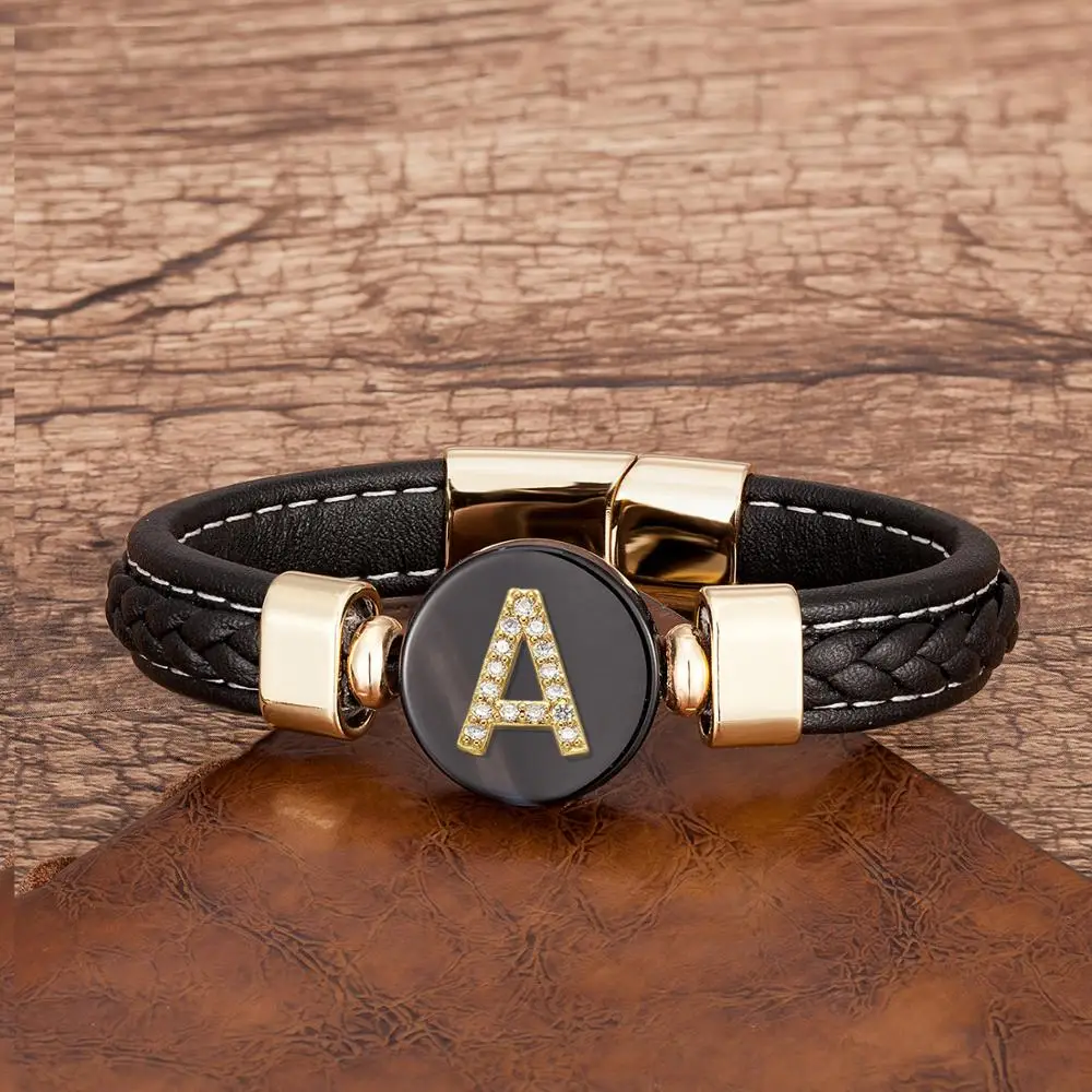 A-z Initial Letter Bracelet For Men 26 Zircon Letter Charm Bracelets Black Braided Leather Rope Chain Bangles Man Gifts