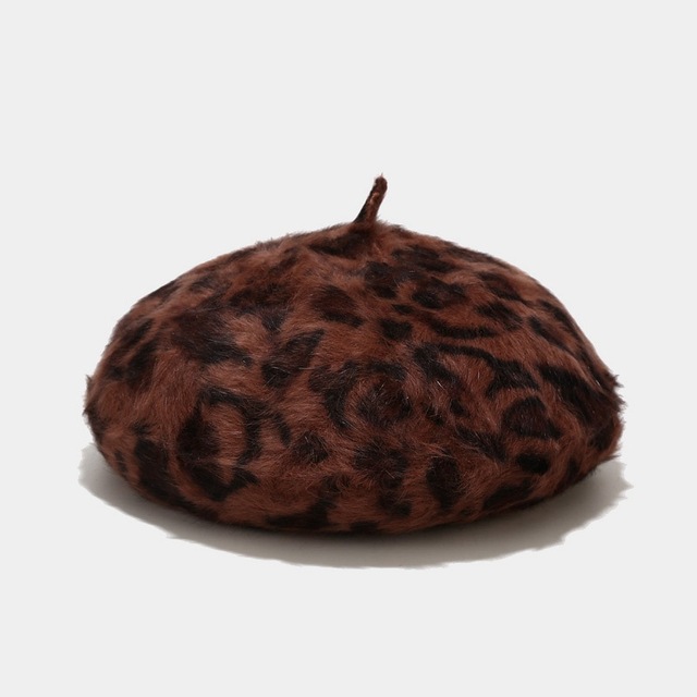 Leopard Print Beret for Winter Rabbit  Warm Painter Cap All-Match Pumpkin Hat Octagonal Cap Wholesale Bonnets For Women