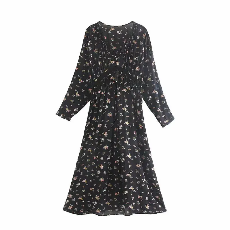 

Western Style WOMEN'S Dress 2019 Summer New Style V-neck Lace Laminated Decoration Floral Printed Dress