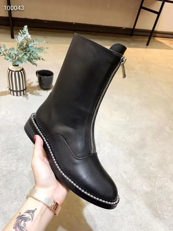 Women Black Ankle Genuine Leather Boots Fashion Front Zip Rivets Spring Autumn Boots Chunky Heels Pointed Toe Women Shoes