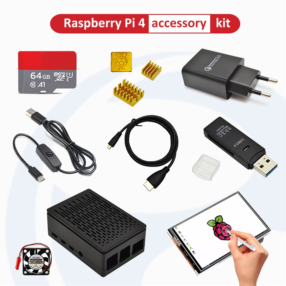 Kit de funda Raspberry pi 4, ABS negro, diseñado para Raspberry Pi 4 Modelo B con pantalla de 3,5 pulgadas + fuente de alimentación + Tarjeta de 64G + lector de tarjetas