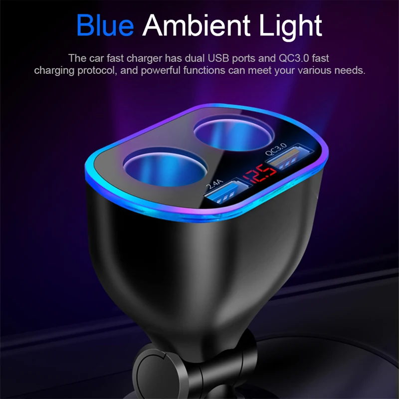 Car Cigarette Lighter Socket Splitter with Dual USB QC3.0 Charger