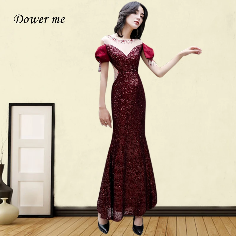 

Burgundy Evening Dress GK138 O-neck Crystal Long Formal Dresses Women Elegant Shining Sequin Robe De Soiree Mermaid Party Gowns