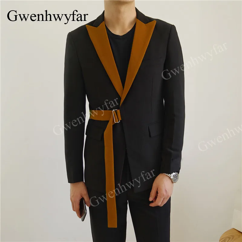 Gwenhwyfar Custom Belt Groom Tuxedo Excellent Men's Wedding Dress Brown Velvet lapel Business Party Suit (Jacket+Pants) | Мужская
