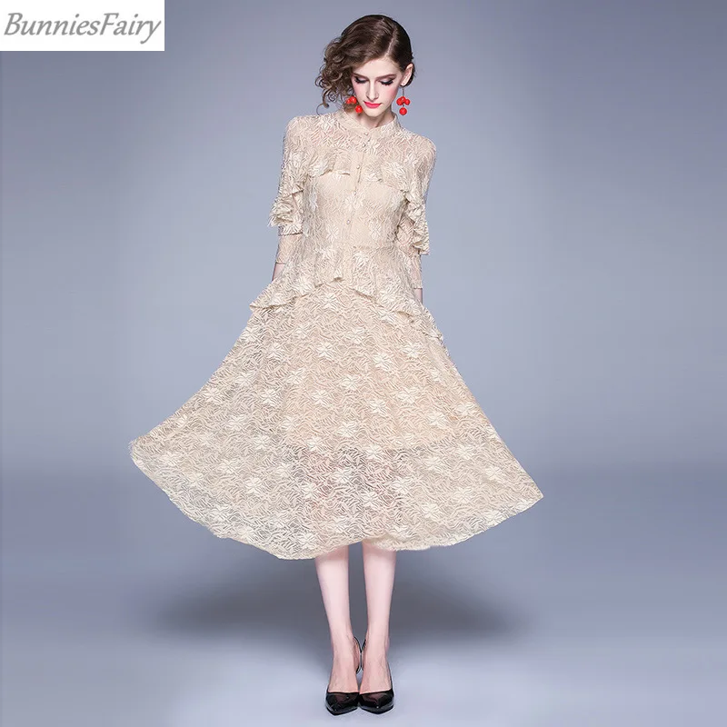 BunniesFairy осеннее женское высококачественное элегантное кружевное флокированное абрикосовое Кружевное платье миди с оборками рукав три четверти