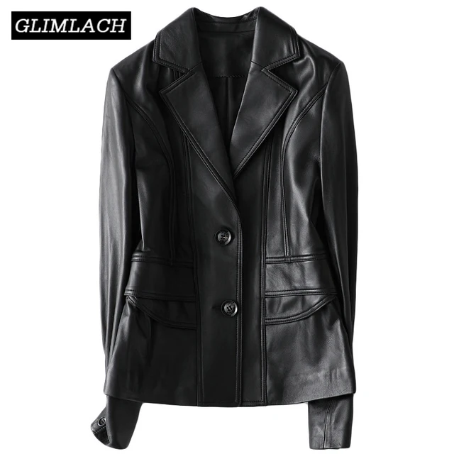 $US $103.19 2020 Women Genuine Leather Single Breasted Lambskin Jacket Office Lady Black Slim Real Leather Coat Short Female Fashion Clothes