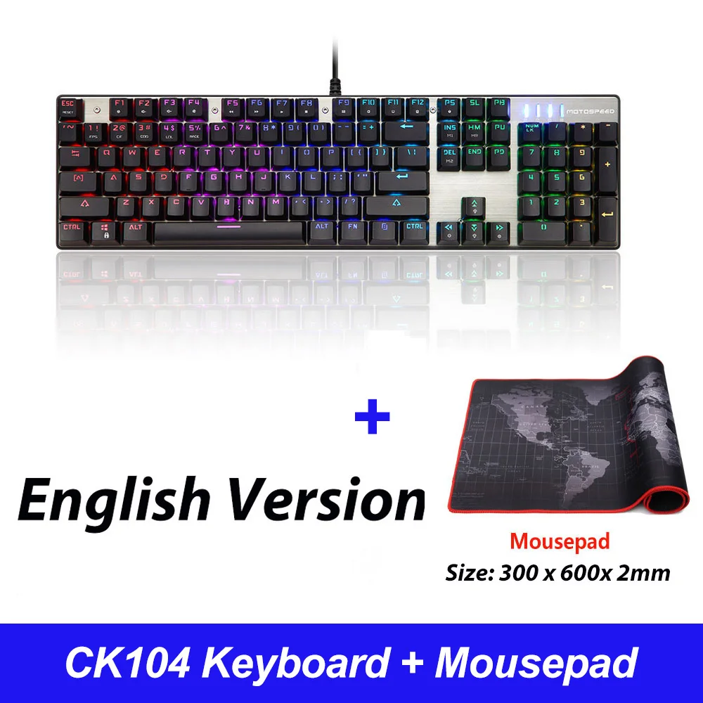 CK104 En mousepad Игровая клавиатура MOTOSPEED CK104, русская/англий/ английская механическая клавиатура, синий/красный переключатель, металлический ключ, светодиодный RGB/клавиатура с подсветкой для геймера - Цвет: CK104 En mousepad