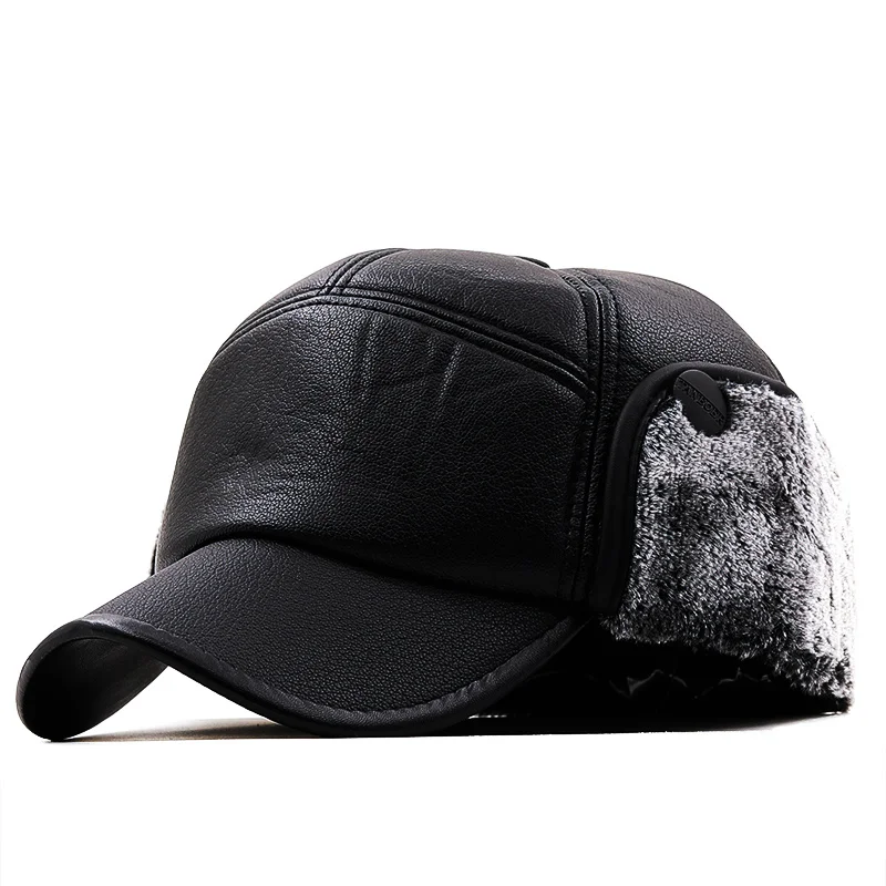 

warm Man Leather Hats Winter First Layer Cowhide Warm Earmuffs Bomber Caps Plus Velvet Thicken Male Bone Caps Dad Hat