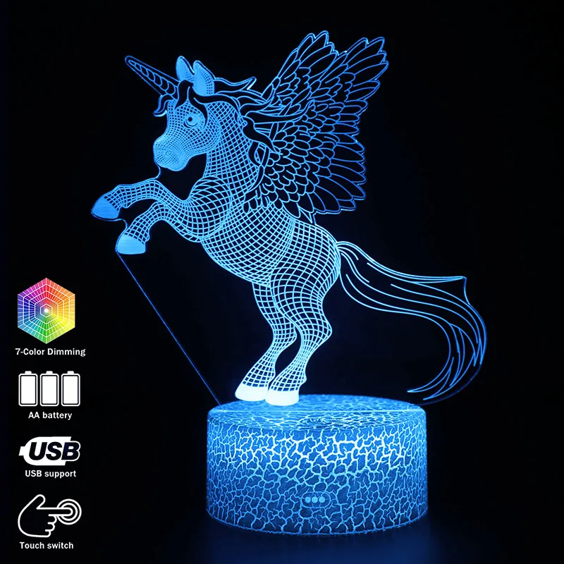  3D illusion Night Lights unicorn Model Touching LED Lamps Kids Bedroom Decor Rainbow horse Lights W - 4000014600256