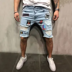 Short de Cowboy déchiré pour hommes, jean décontracté, extensible, Slim, déchiré, avec trous cassés, imprimé de broderie, couleur Pure, dessin animé, bleu, Denim, 2021 