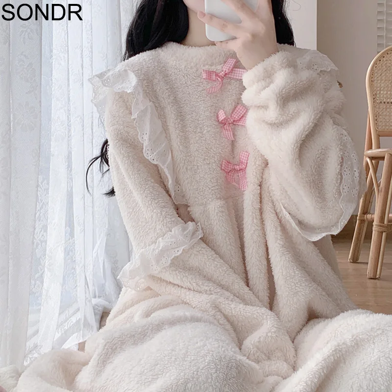 

Sweet Cute Kawaii Girly Dress Winter Warm Chic Plush Stitching Ruffle Casual Slim Nightdress Women Korea Pink One Piece Dresses