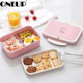 

ONEUP Lunch Box Wheat Straw Cartoon Bento Box Portable Eco-friendly Food Storage Container For Kids Students School Microwavable
