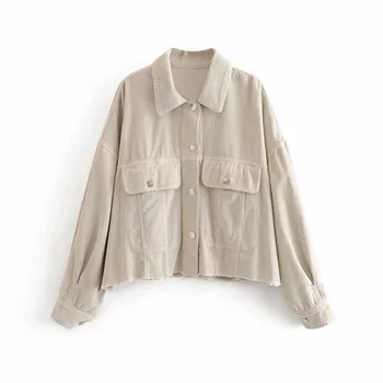

Autumn 2019 women's new lapel, puffed long sleeve, pleated decoration, corduroy loose jacket coat 06929230805
