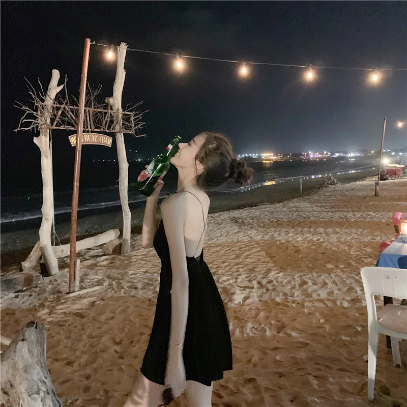 beach style black a-line new summer v-neck Backless off shoulder spaghetti strap Women's Clothing Trend fashion brand Culottes