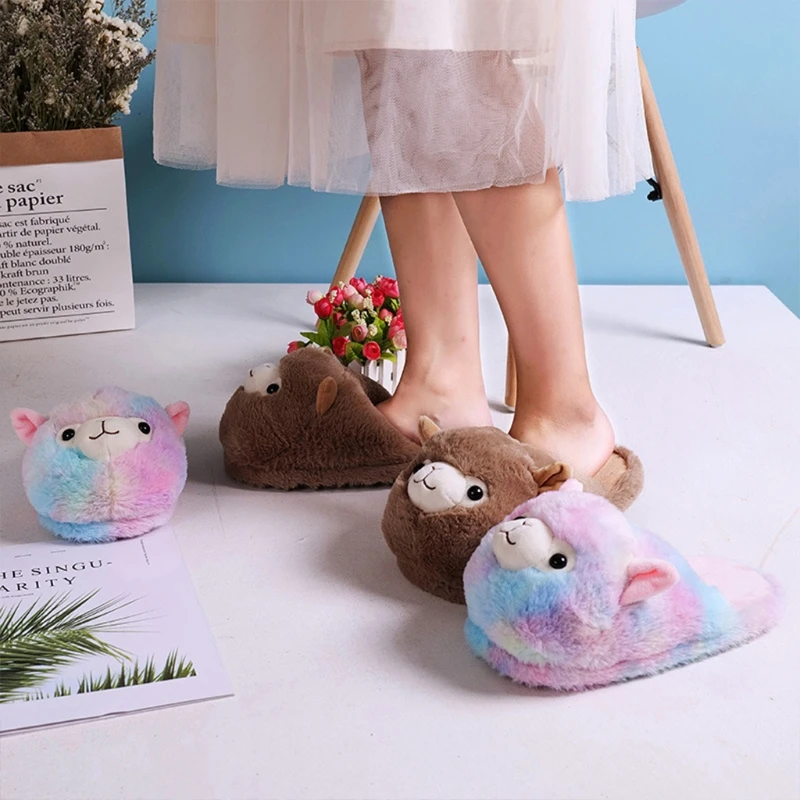 Stuffed Animal Alpaca Slippers | Cute Rainbow Llama Plush Slippers | Alpaca Plush Home Shoes | Fluffy Girls Slippers