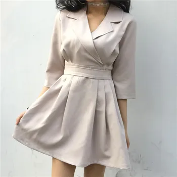

Notched Dress Women Office Lady Half Sleeve Elegant Pleated Mini Dress High Waist Slim Autumn Dress Party Slim Vintage 2019 V821