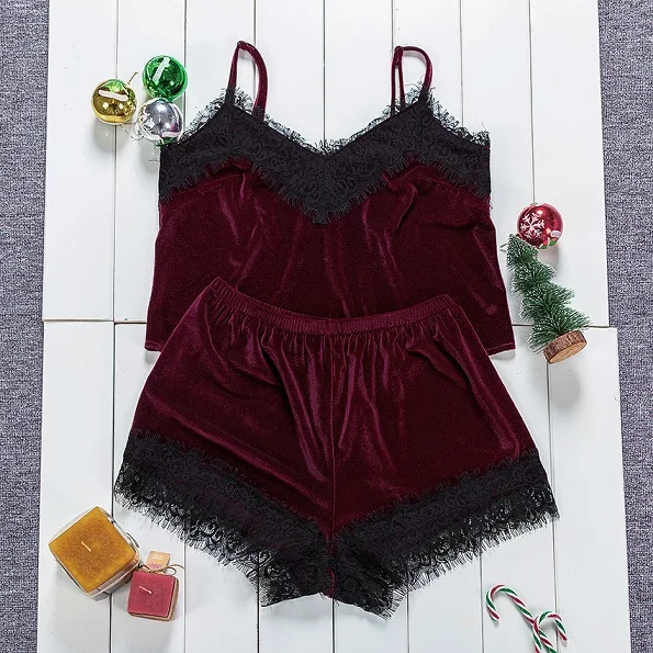 Burgundy Бордовые Рождественские сексуальные пижамы, женские зимние пижамы, ночные костюмы, Дамский Топ без рукавов с v-образным вырезом и кружевные шорты, бархатные пижамные комплекты - Цвет: Burgundy